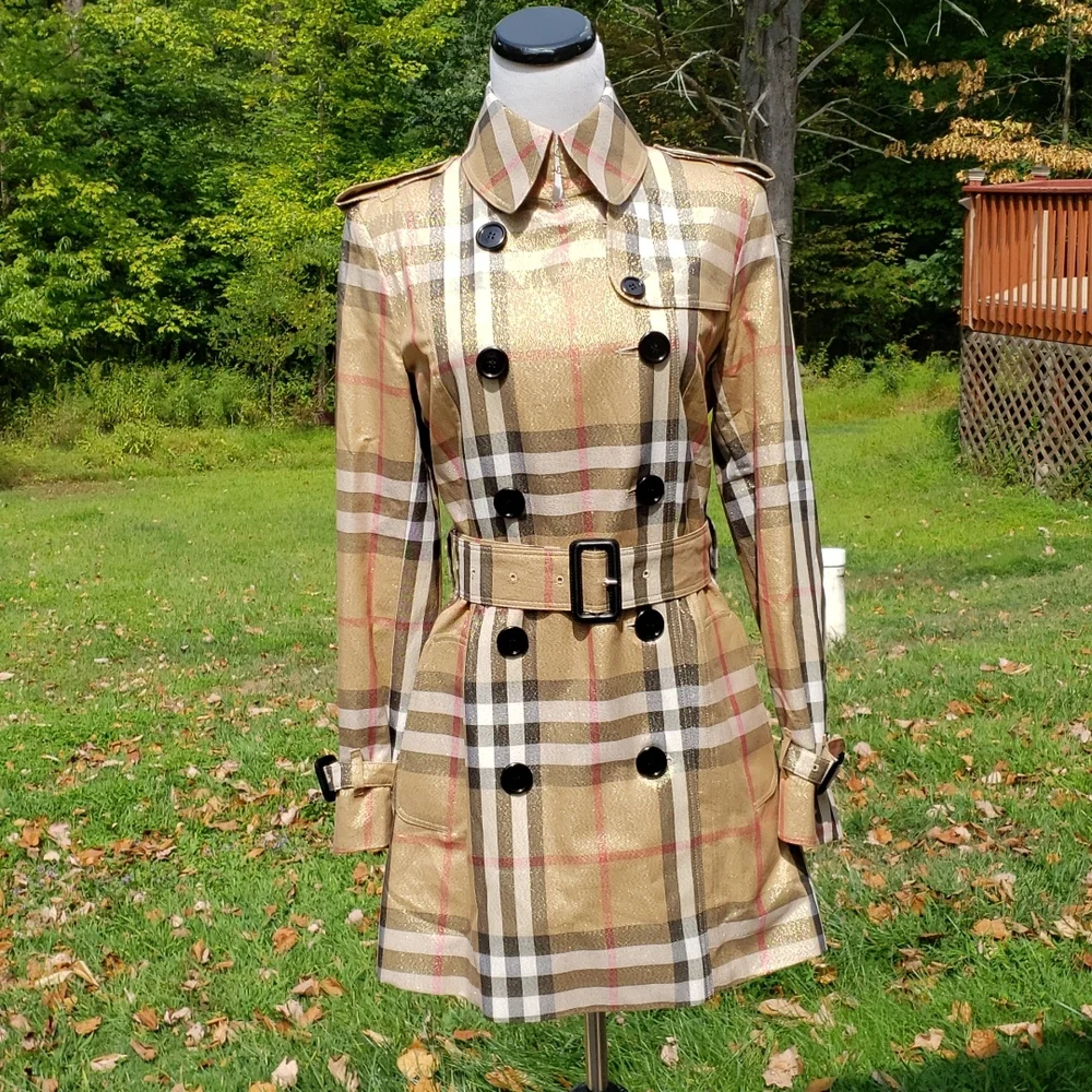 BURBERRY GOLD SHIMMER METALLIC CHECK PLAID TRENCH COAT - Picture 9 of 16